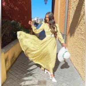 Sister Jane Brook Yellow Floral Satin Maxi Dress Size XS Zipper Waist Tie